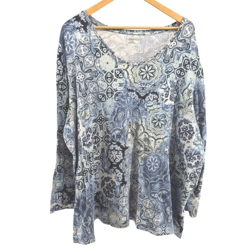 Catherines 3X Blue Medallion Paisley Print Top Plus Sz 26/28W Boho Peasant Knit - Picture 2 of 11